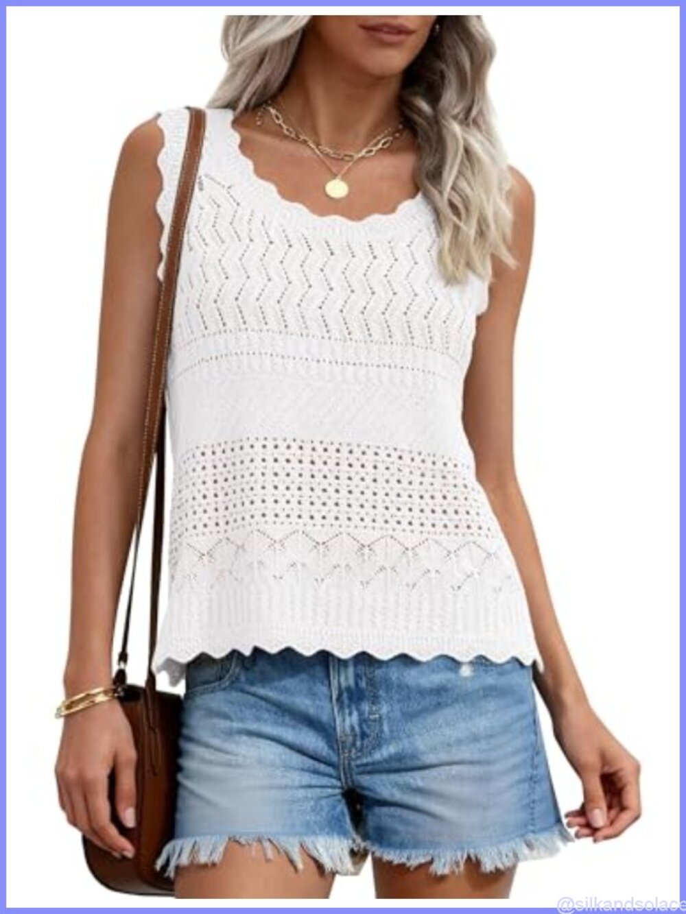 Women's Crochet Knit Sleeveless Tank Top Boho Crew Neck Vest Blouse